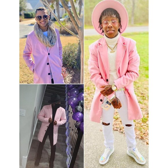 Men's Pink Wool Blend Pea Coat Notched Collar Breasted Winter Trench Coat - Picture 4 of 8